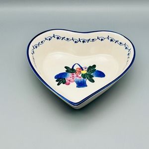 Vintage Heart Shaped Stoneware Dish With Floral Bouquet Design